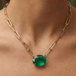 Golden Solitaire Oval Cut Emerald Sapphire Paper Clip Necklace Pendant Necklace For Women 