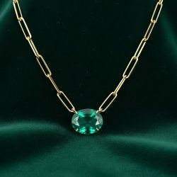 Golden Solitaire Oval Cut Emerald Sapphire Paper Clip Necklace Pendant Necklace For Women 