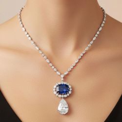 Halo Cushion & Pear Cut Blue & White Sapphire Necklace For Women
