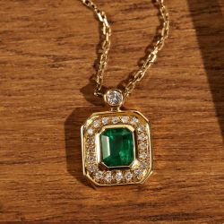 Halo Bezel Golden Emerald Cut Emerald Sapphire Pendant Necklace For Women