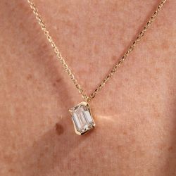 Golden Half Bezel Emerald Cut White Sapphire Pendant Necklace For Women