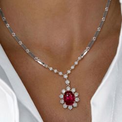 Halo Oval Cut Ruby Sapphire Pendant Necklace For Women