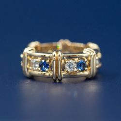 Golden Round Cut Blue & White Sapphire Wedding Band For Women