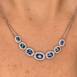 Halo Oval Cut Blue Sapphire Pendant Necklace For Women Wedding Jewelry