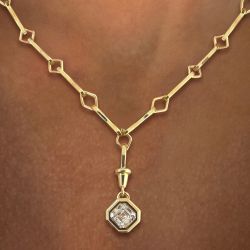 Golden Bezel Lozenge Motif Asscher Cut White Sapphire Chain Necklace Pendant Necklace For Women