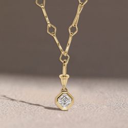 Golden Bezel Lozenge Motif Asscher Cut White Sapphire Chain Necklace Pendant Necklace For Women