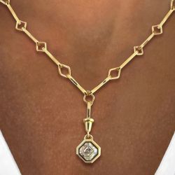 Golden Bezel Lozenge Motif Asscher Cut White Sapphire Chain Necklace Pendant Necklace For Women