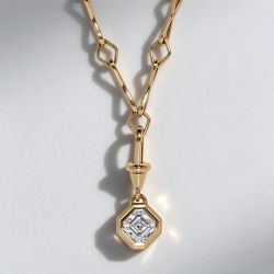 Golden Bezel Lozenge Motif Asscher Cut White Sapphire Chain Necklace Pendant Necklace For Women