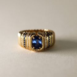 Golden Half Bezel Oval Cut Blue Sapphire Engagement Ring For Women Wedding Jewelry