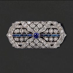 Art Deco Round Cut White & Blue Sapphire Brooch For Women