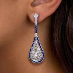 Milgrain Art Deco Round Cut White & Blue Sapphire Drop Earrings For Women