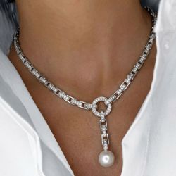 Round Cut Pearl & White Sapphire Necklace For Women Wedding Jewelry 