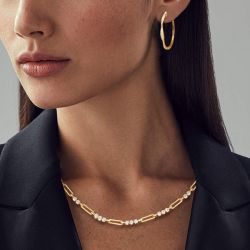 Golden Round Cut White Sapphire Paper Clip Necklace & Hoop Earrings Jewelry Sets For Women