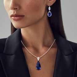 Pear Cut Blue Sapphire Pendant Necklace & Drop Earrings Jewelry Sets For Women