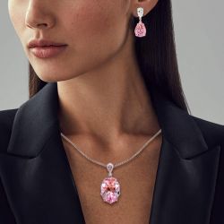 Oval & Pear Cut Pink Sapphire Pendant Necklace & Drop Earrings Jewelry Sets For Women