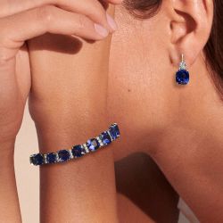 Cushion Cut Blue Sapphire Bracelet & Drop Earrings Jewelry Sets For Women 