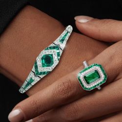 Halo Asscher & Emerald Cut Emerald Sapphire Bracelet & Engagement Ring Sets For Women 