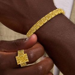 Golden Radiant Cut Yellow Sapphire Tennis Bracelet & Engagement Ring Set For Men Jewelry Set