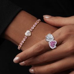 Halo Heart Cut Pink Sapphire Engagement Ring & Tennis Bracelet Jewelry Set