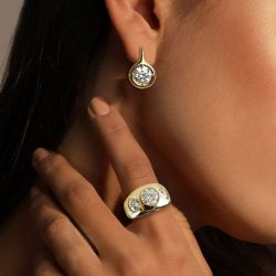 Golden Round Cut White Sapphire Drop Earrings & Wedding Ring Sets For Women
