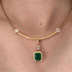 Bezel Golden Emerald Cut Emerald Sapphire Pendant Necklace For Women Wedding Jewelry 