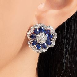 Halo Flower design Oval Cut Blue Sapphire Stud Earrings For Women For Women Wedding Jewelry 
