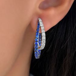 Two Tone Round Cut Blue Sapphire Hoop Earrings For Women Wedding Jewelry