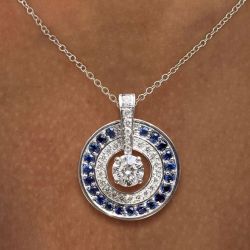 Double Halo Round Cut Blue & White Sapphire Pendant Necklace For Women Wedding Jewelry