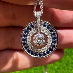 Double Halo Round Cut Blue & White Sapphire Pendant Necklace For Women Wedding Jewelry