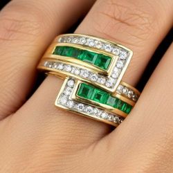 Two Tone Vintage Asscher Cut Emerald Sapphire Wedding Band For Women