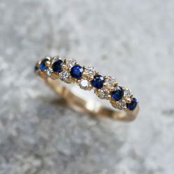 Golden Half Eternity Round Cut Blue Sapphire Wedding Band For Women