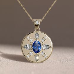 Golden Oval Cut Blue Sapphire Coin Pendant Necklace For Women Wedding Jewelry  