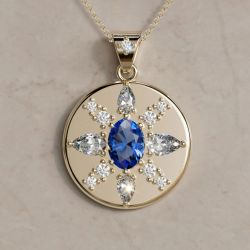 Golden Oval Cut Blue Sapphire Coin Pendant Necklace For Women Wedding Jewelry  