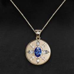 Golden Oval Cut Blue Sapphire Coin Pendant Necklace For Women Wedding Jewelry  
