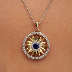 Two Tone Round Cut Blue Sapphire Pendant Necklace For Women Wedding Jewelry