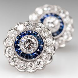 Halo Flower Round Cut White & Blue Sapphire Stud Earrings For Women Wedding Jewelry 
