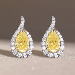 Two Tone Halo Pear Cut Yellow Sapphire Stud Earrings For Women
