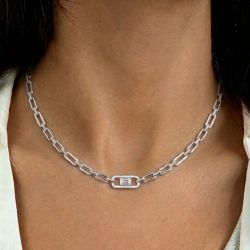 Halo Emerald Cut White Sapphire Necklace For Women