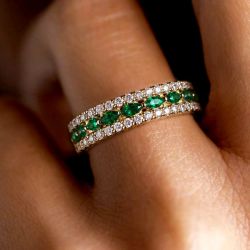 Golden Eternity Triple Row Marquise Cut Emerald Sapphire Wedding Band For Women 