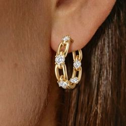 Golden Paper Clip Round Cut White Sapphire Hoop Earrings For Women Wedding Jewelry