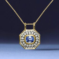 Double Halo Two Tone Bezel Cushion Cut Blue Sapphire Pendant Necklace For Women  