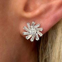 Flower Round Cut White Sapphire Stud Earrings For Women 