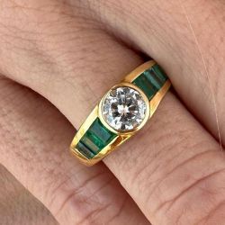 Golden Round Cut Emerald & White Sapphire Engagement Ring For Women Wedding Jewelry 