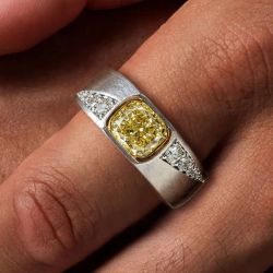 Half Bezel Two Tone Cushion Cut Yellow Sapphire Engagement Ring Men's Ring 