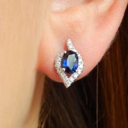 Halo Oval Cut Blue Sapphire Cluster Earrings Stud Earrings For Women 
