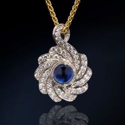 Bezel Two Tone Round Cut Blue Sapphire Cabochon Pendant Necklace For Women