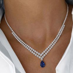 Double Row Pear Cut Blue Sapphire Two Layer V-Shaped Wedding Necklace For Women