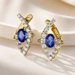 Golden Oval Cut Blue Sapphire Drop Earrings For Women Wedding Jewelry