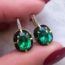 Golden Oval Cut Emerald Sapphire Drop Earrings For Women