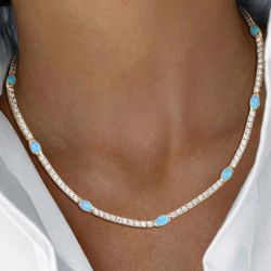 Golden Round & Oval Cut Opal Wedding Necklace Tennis Necklace For Women 